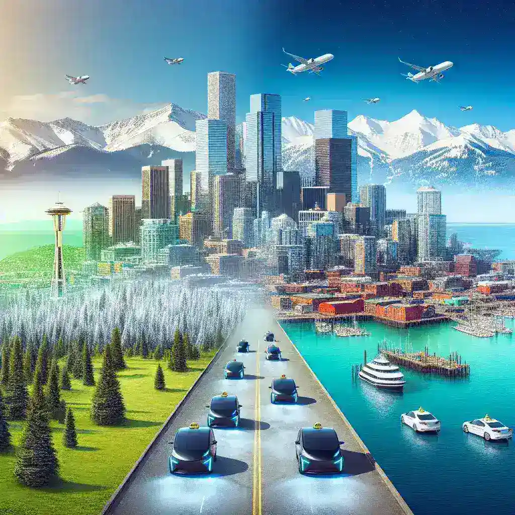 "Waymo autonomous taxi on the streets of Denver and Seattle, showcasing the expansion of self-driving taxi services in urban environments."